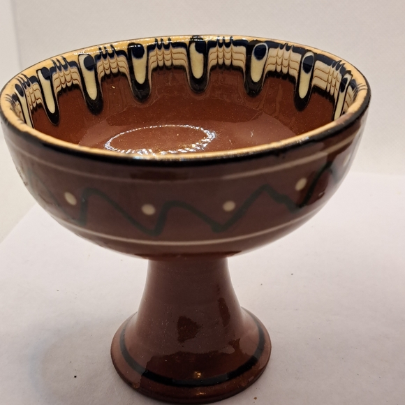 2 Redware Pottery Pedestal Bowl Compote Hand Painted Boho - Picture 7 of 7